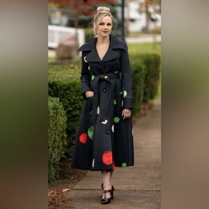 NWT RARE Samuel Dong Black Multi Dot Printed Scuba Trench Coat Small Medium